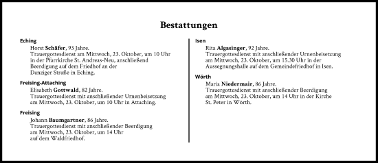 Traueranzeige von Bestattungen vom 23.10.2024 von Süddeutsche Zeitung