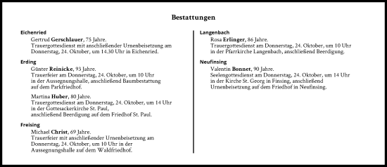 Traueranzeige von Bestattungen vom 24.10.2024 von Süddeutsche Zeitung