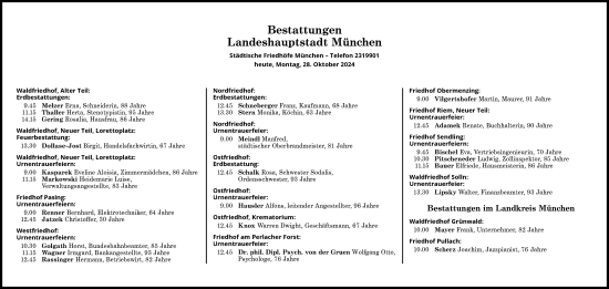 Traueranzeige von Bestattungen vom 28.10.2024 von Süddeutsche Zeitung