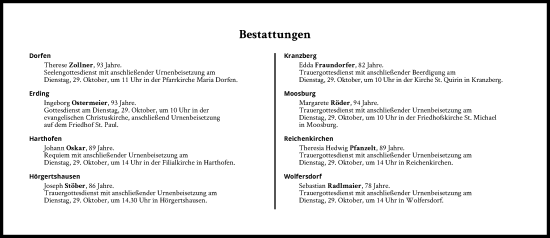 Traueranzeige von Bestattungen vom 29.10.2024 von Süddeutsche Zeitung