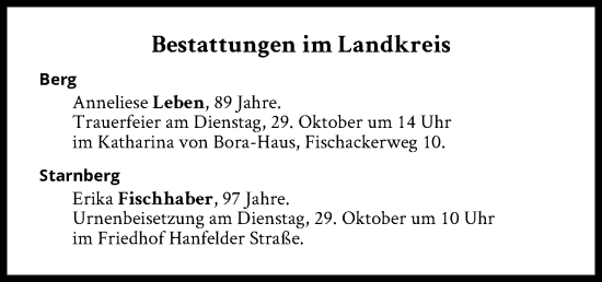 Traueranzeige von Bestattungen vom 29.10.2024 von Süddeutsche Zeitung