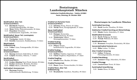 Traueranzeige von Bestattungen vom 29.10.2024 von Süddeutsche Zeitung