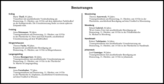 Traueranzeige von Bestattungen vom 31.10.2024 von Süddeutsche Zeitung