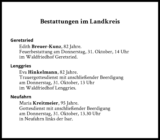 Traueranzeige von Bestattungen vom 31.10.2024 von Süddeutsche Zeitung