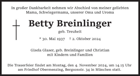 Traueranzeige von Betty Breinlinger von Süddeutsche Zeitung