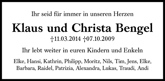 Traueranzeige von Christa Bengel von Süddeutsche Zeitung