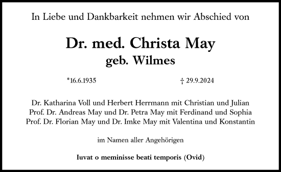 Traueranzeige von Christa May von Süddeutsche Zeitung