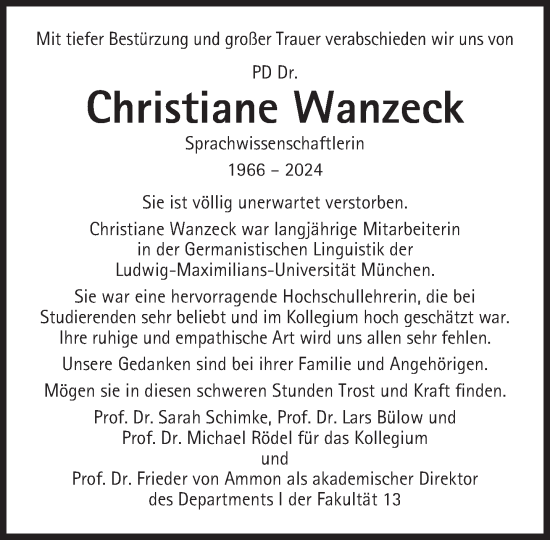 Traueranzeige von Christiane Wanzeck von Süddeutsche Zeitung