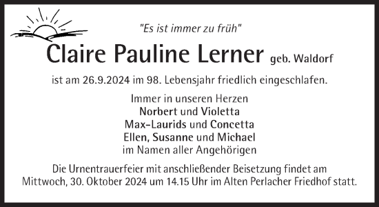 Traueranzeige von Claire Pauline Lerner von Süddeutsche Zeitung