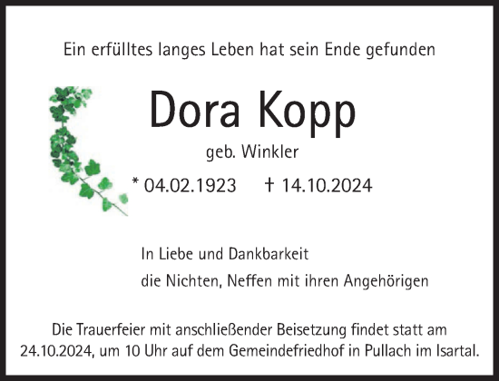 Traueranzeige von Dora Kopp von Süddeutsche Zeitung