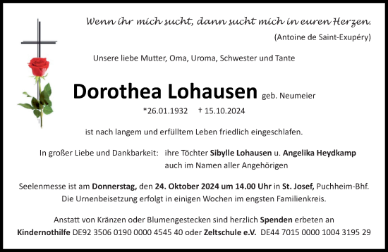 Traueranzeige von Dorothea Lohausen von Süddeutsche Zeitung