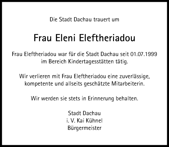 Traueranzeige von Eleni Eleftheriadou von Süddeutsche Zeitung