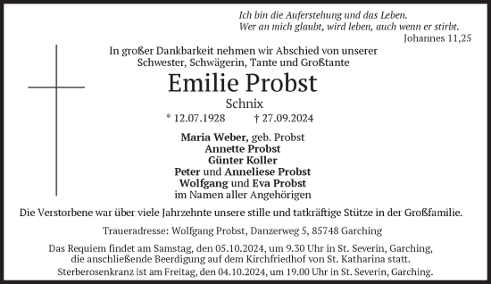 Traueranzeige von Emilie Probst von Süddeutsche Zeitung