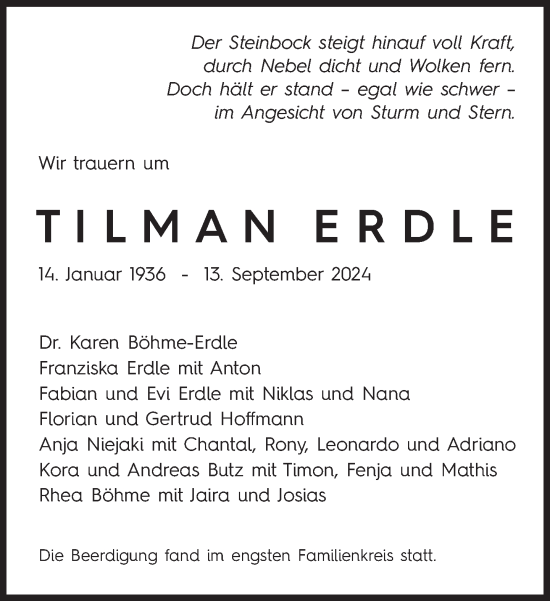 Traueranzeige von Erdle Tilmann von Süddeutsche Zeitung