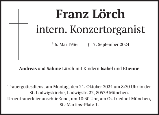 Traueranzeige von Franz Lörch von Süddeutsche Zeitung