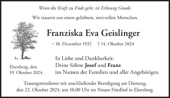 Traueranzeige von Franziska Eva Geislinger von Süddeutsche Zeitung