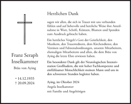 Traueranzeige von Franz Seraph Inselkammer von Süddeutsche Zeitung