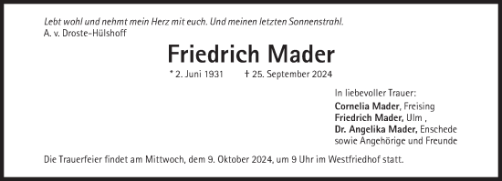 Traueranzeige von Friedrich Mader von Süddeutsche Zeitung