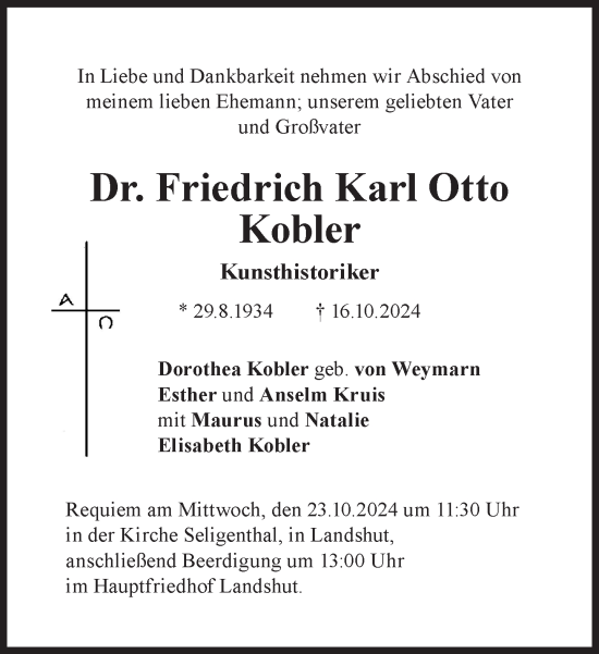 Traueranzeige von Friedrich Karl Otto Kobler von Süddeutsche Zeitung