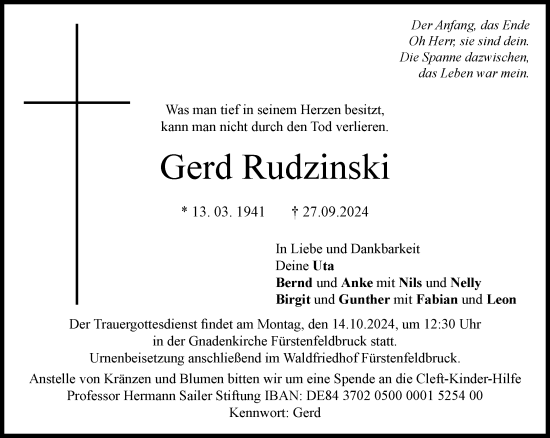 Traueranzeige von Gerd Rudzinski von Süddeutsche Zeitung