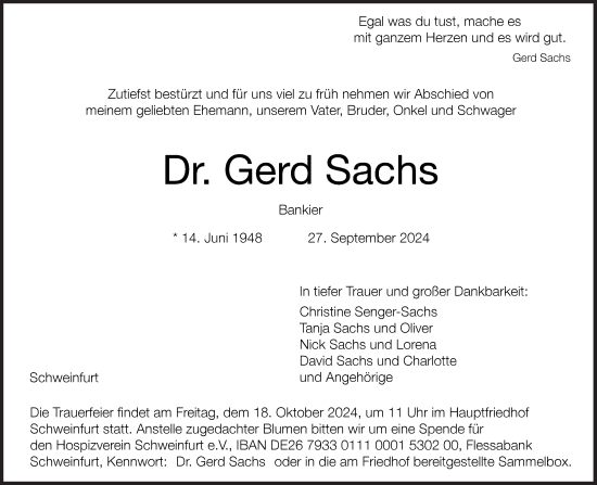 Traueranzeige von Gerd Sachs von Süddeutsche Zeitung