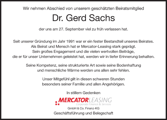 Traueranzeige von Gerd Sachs von Süddeutsche Zeitung