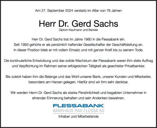 Traueranzeige von Gerd Sachs von Süddeutsche Zeitung