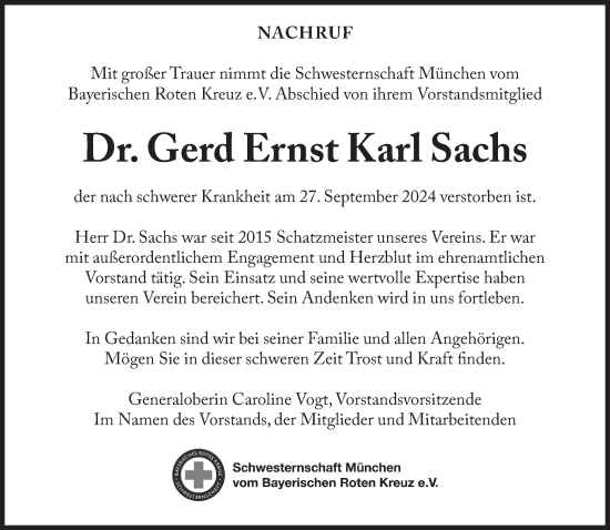 Traueranzeige von Gerd Ernst Karl Sachs von Süddeutsche Zeitung