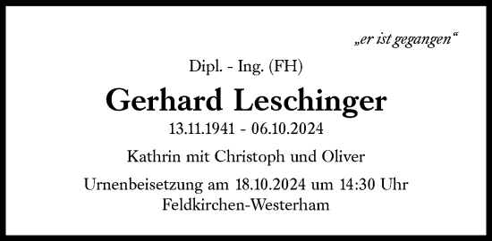 Traueranzeige von Gerhard Leschinger von Süddeutsche Zeitung