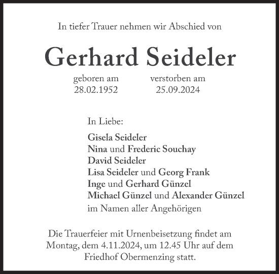 Traueranzeige von Gerhard Seideler von Süddeutsche Zeitung