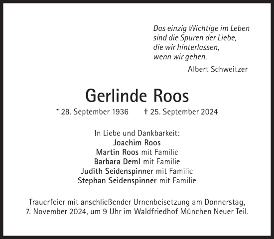 Traueranzeige von Gerlinde Roos von Süddeutsche Zeitung