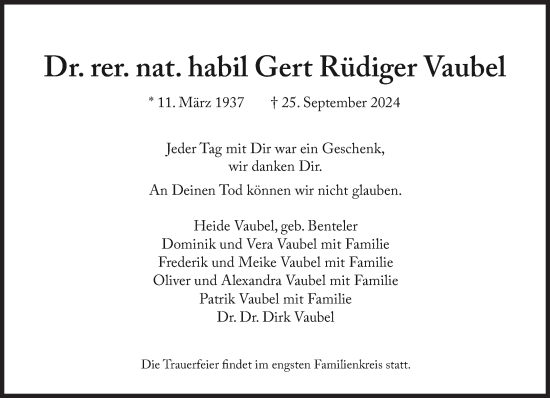 Traueranzeige von Gert Rüdiger Vaubel von Süddeutsche Zeitung