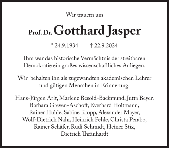 Traueranzeige von Gotthard Jasper von Süddeutsche Zeitung