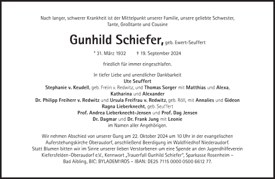 Traueranzeige von Gunhild Schiefer von Süddeutsche Zeitung