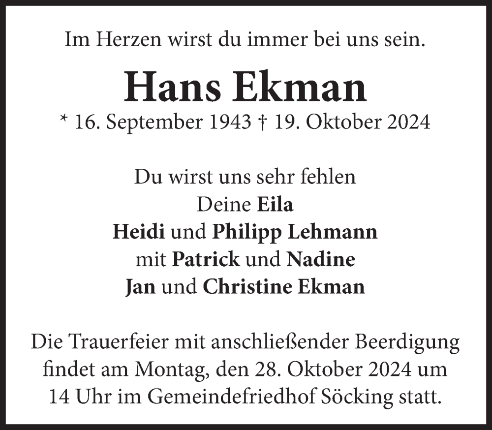  Traueranzeige für Hans Ekman vom 24.10.2024 aus Süddeutsche Zeitung