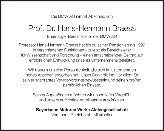 Traueranzeige von Hans-Hermann Braess von Süddeutsche Zeitung