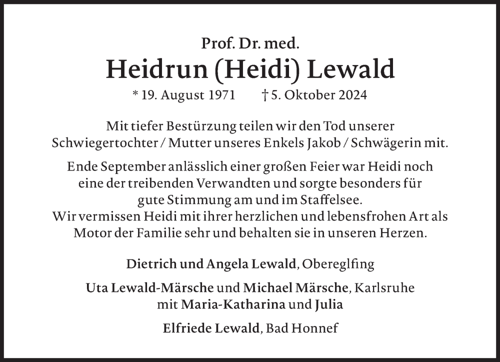  Traueranzeige für Heidrun Lewald vom 23.10.2024 aus Süddeutsche Zeitung