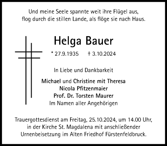 Traueranzeige von Helga Bauer von Süddeutsche Zeitung