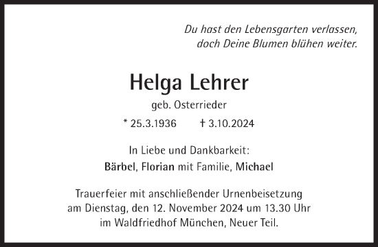 Traueranzeige von Helga Lehrer von Süddeutsche Zeitung