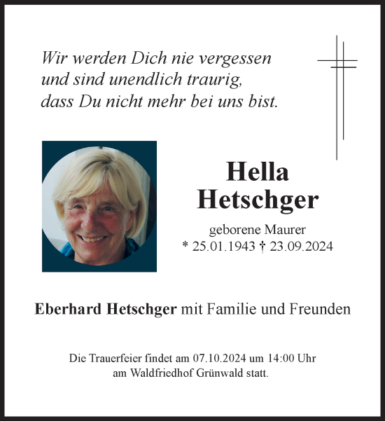 Traueranzeige von Hella Hetschger von Süddeutsche Zeitung