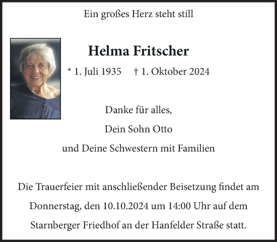 Traueranzeige von Helma Fritscher von Süddeutsche Zeitung