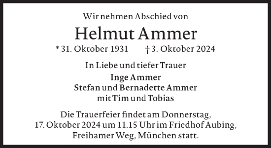 Traueranzeige von Helmut Ammer von Süddeutsche Zeitung