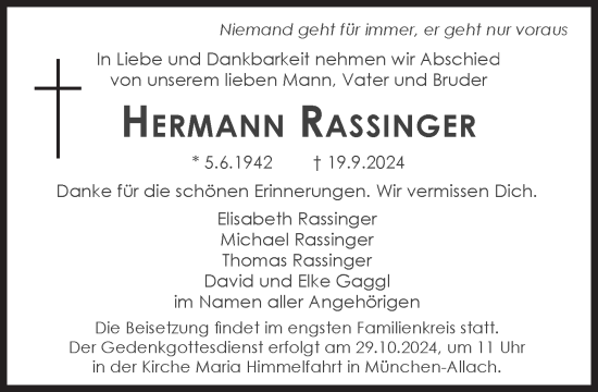 Traueranzeige von Hermann Rassinger von Süddeutsche Zeitung