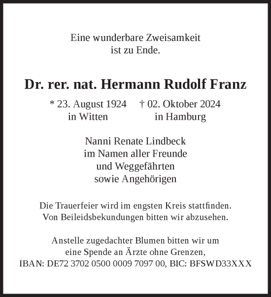 Traueranzeige von Hermann Rudolf Franz von Süddeutsche Zeitung