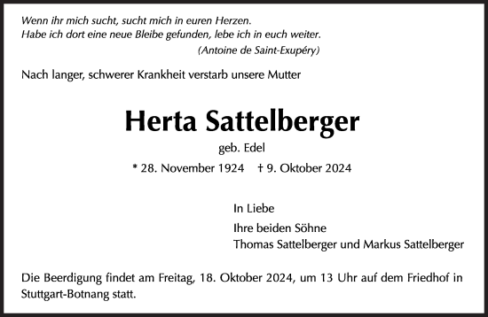 Traueranzeige von Herta Sattelberger von Süddeutsche Zeitung