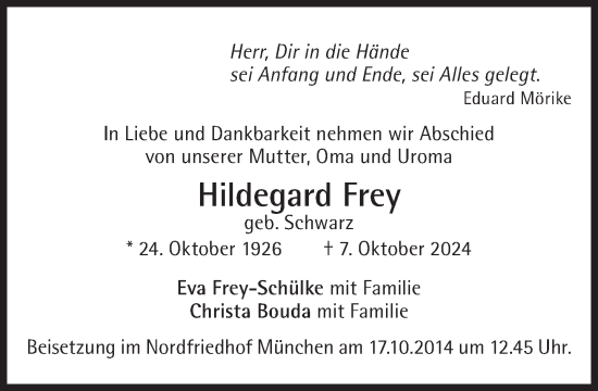 Traueranzeige von Hildegard Frey von Süddeutsche Zeitung