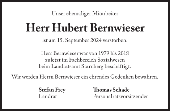 Traueranzeige von Hubert Bernwieser von Süddeutsche Zeitung