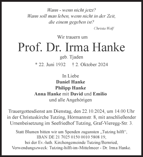 Traueranzeige von Irma Hanke von Süddeutsche Zeitung