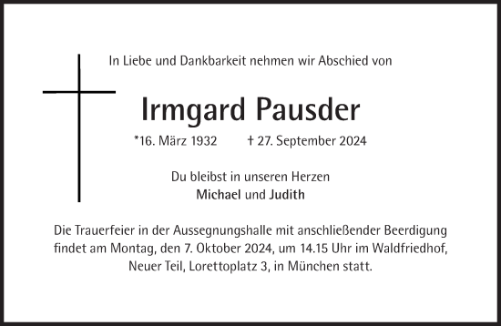 Traueranzeige von Irmgard Pausder von Süddeutsche Zeitung