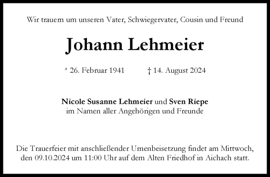 Traueranzeige von Johann Lehmeier von Süddeutsche Zeitung